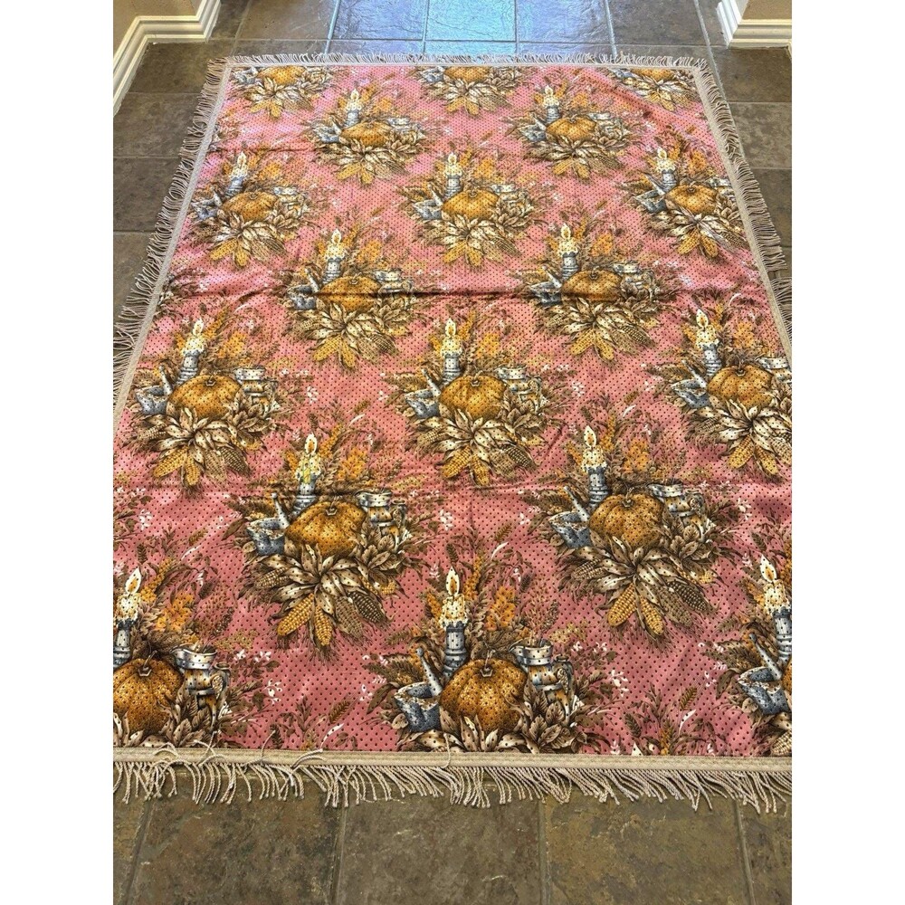 Vintage 5x7 Velvety Fringe Area Rug Fall Harvest Pumpkin Cottage Thanksgiving - Picture 5 of 6